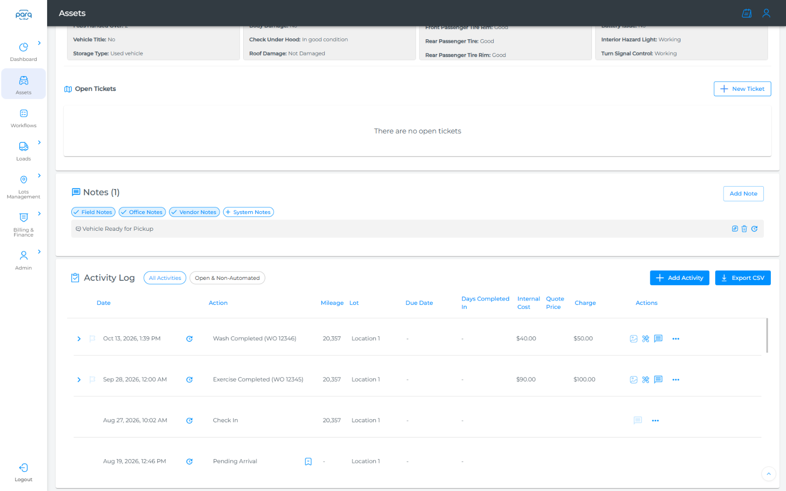 Parq asset activity log listing wash, exercise, check-in and pending arrival with mileage, lot, internal cost and charge