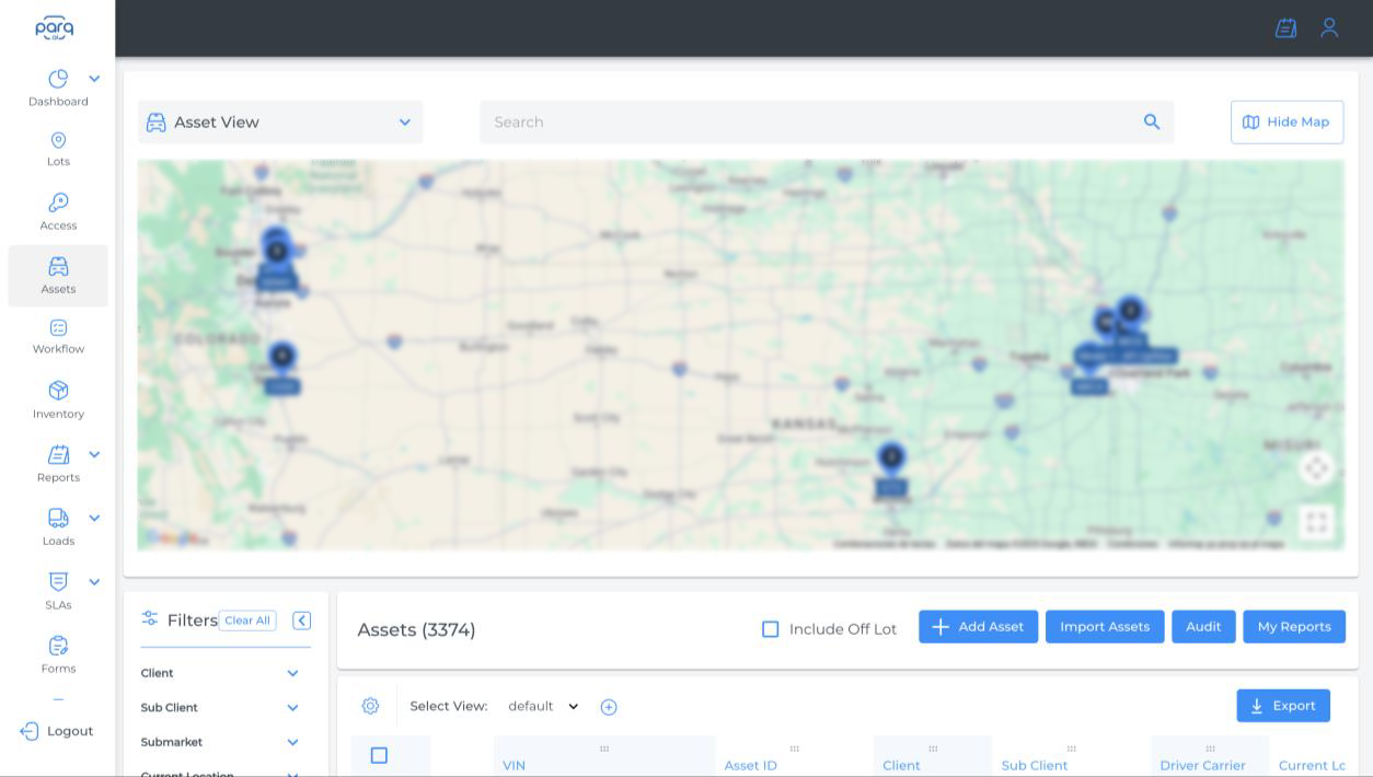Parq.ai asset map view showing vehicle clusters across the central United States with a filterable asset table below
