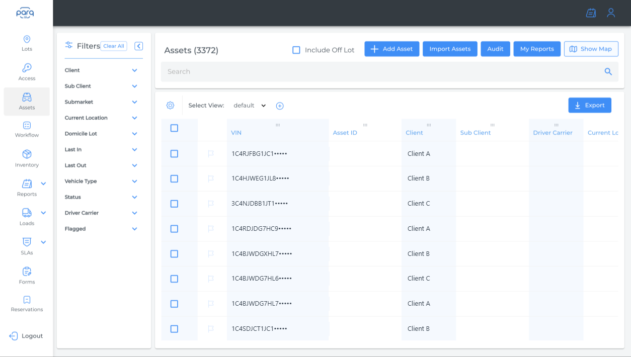 Parq.ai asset list with VIN, client, sub client, driver carrier and current location columns