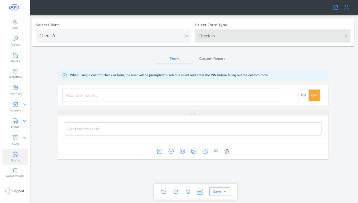 Parq.ai form builder with client and form type selectors and a drag-and-drop section editor