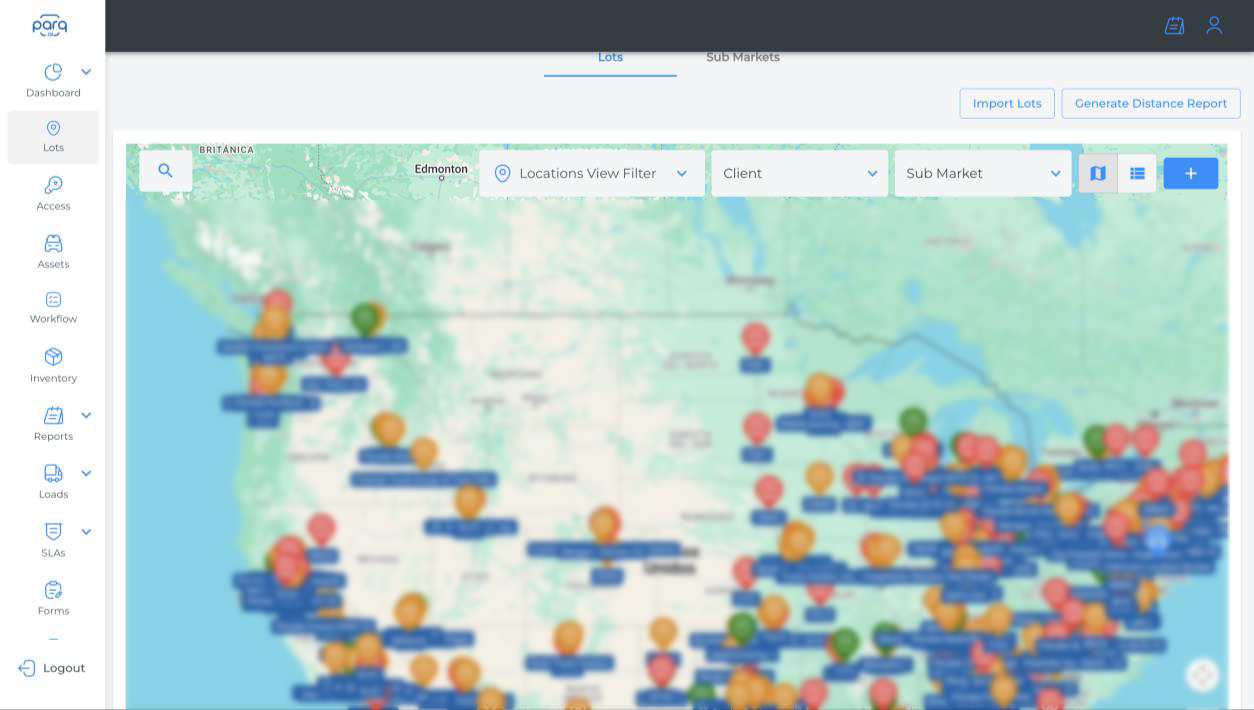 Parq.ai lots map showing location pins across the continental United States