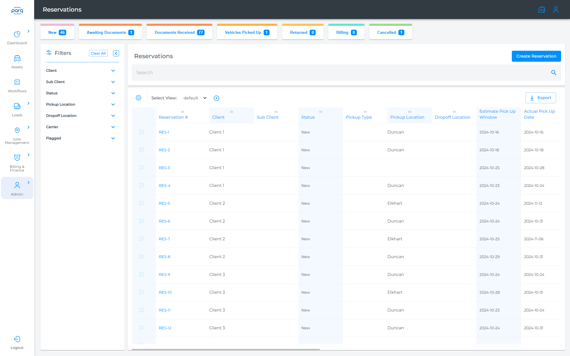Parq.ai reservations queue with the status pipeline across New, Awaiting Documents, Documents Received, Vehicles Picked Up, Returned, Billing and Cancelled