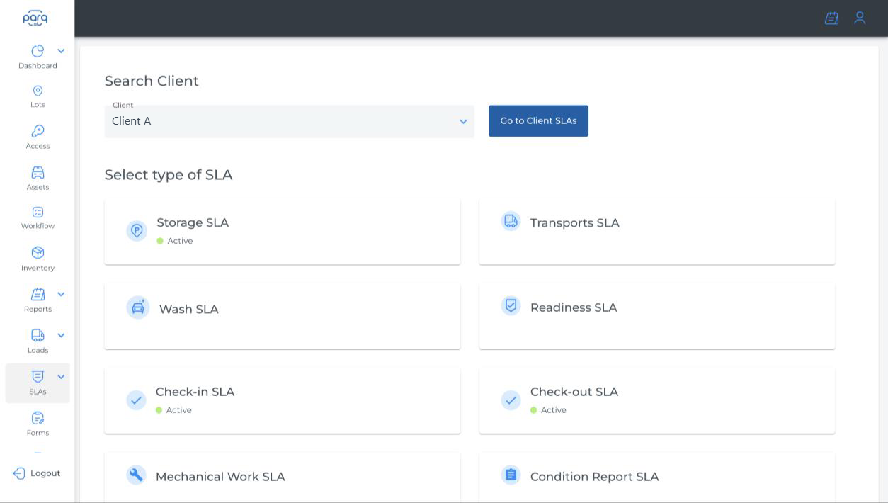 Parq.ai SLA configuration screen listing storage, transports, wash, readiness, check-in, check-out, mechanical work and condition report SLAs